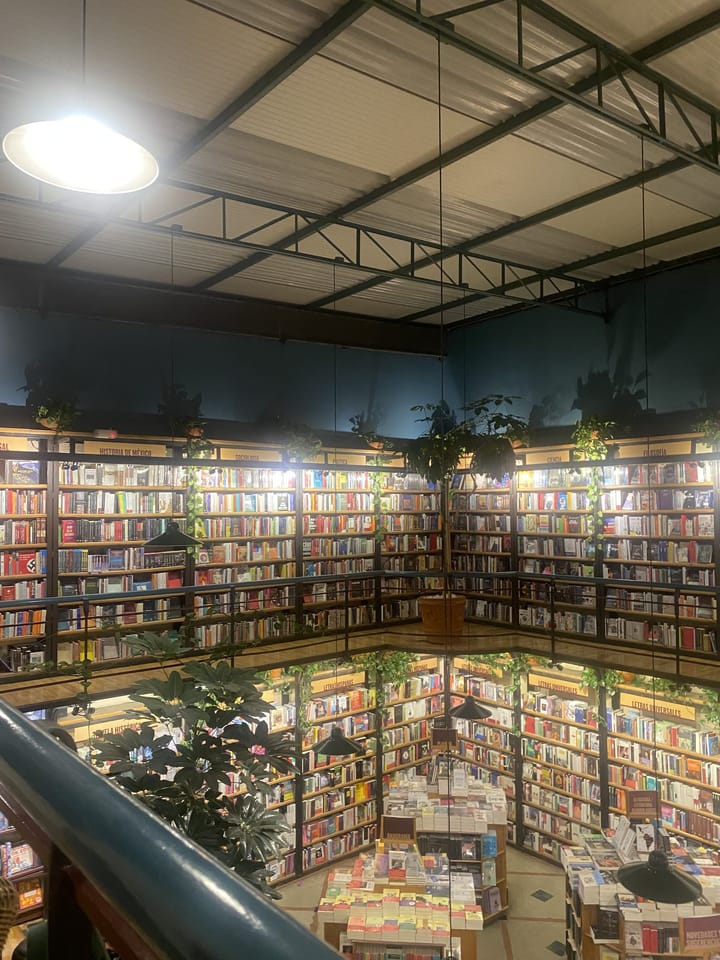 Bookshelves arranged in a ring under a steel roof, with plants among the shelves